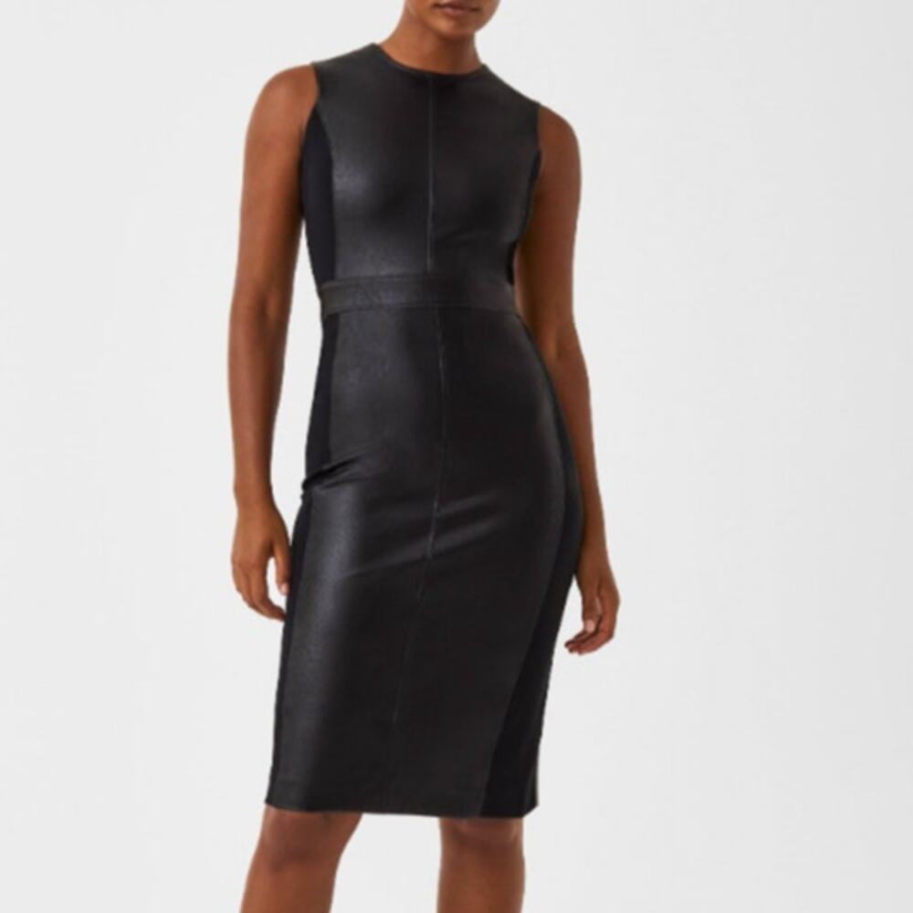 Spanx Leather Like Combo Sheath Dress S Fitted Luxe Black Midi Sleeveless NWT